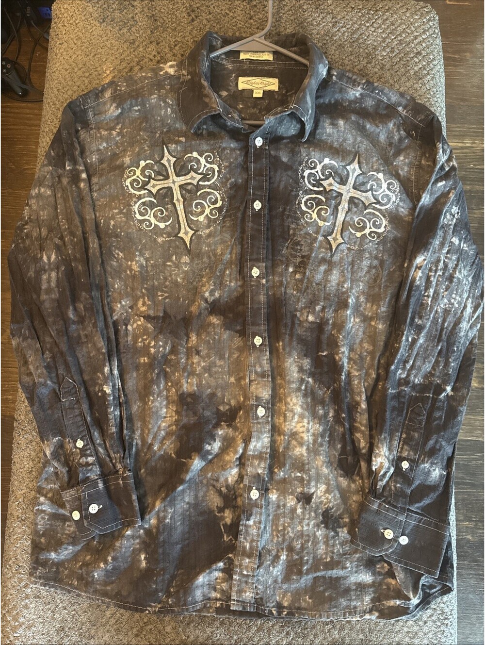 Y2K Eighty Eight Black Gray Tie Dye Double Cross Button Down Shirt Mens 2XL